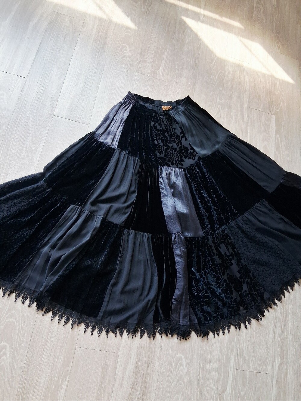 Double D Ranch Tiered Patchwork Maxi Skirt Velvet Burnout Crochet Lace Silk